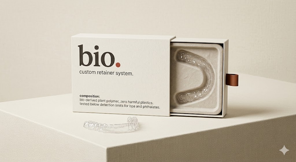 bio. custom retainer system — bio-derived plant polymer, zero harmful plastics, tested below detection limits for BPA and phthalates